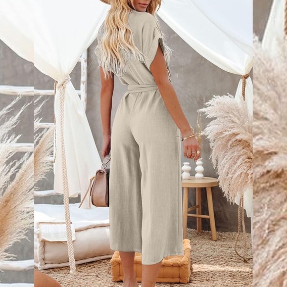 H&M Beige Linen Blend V Neck Button Front Jumpsuit Romper Size XL - Picture 2 of 16